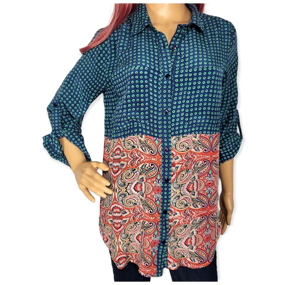 TOLANI Women's Silk Shirt SZ S Blue Pink